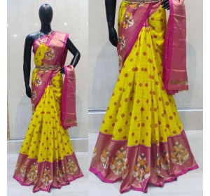 Pochampally ikkat Silk yellow and pink color combination saree with checks