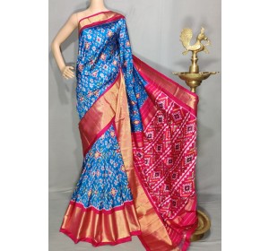 Pochampally ikat pure silk blue and pink color combination saree