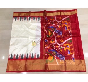 Pochampally ikkat pure silk half white and red color combination saree