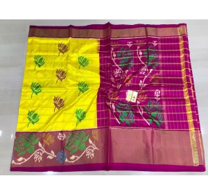 Pochampally ikkat pure silk yellow and pink color combination saree