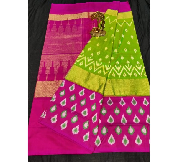 Pochampally ikkat Silk green and pink color combination saree
