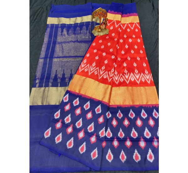 Pochampally ikkat pure silk red and royal blue color combination saree