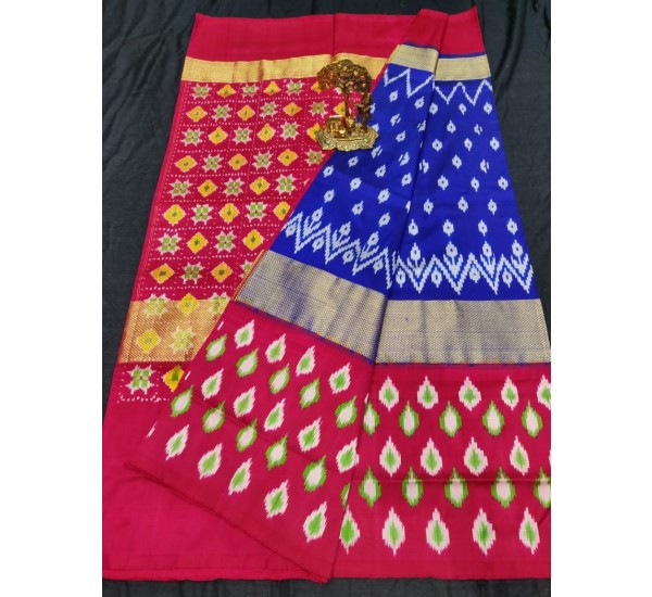 Pochampally ikkat pure silk royal blue and pink color combination saree